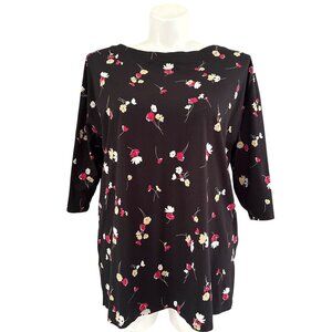 J.Jill Luxe Supima Pleat-Back Floral Tunic Black Multicolor 3/4 Sleeve Size XL